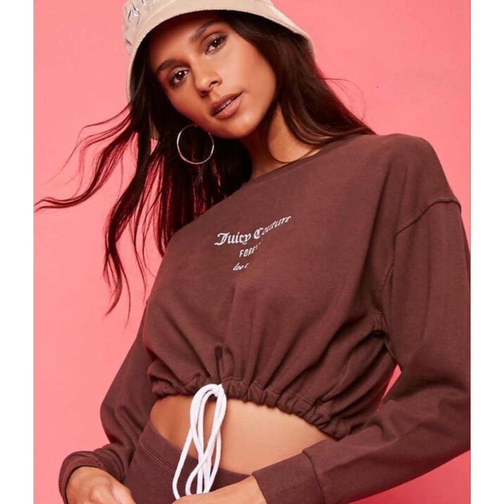 Juicy Couture for F21 Cropped Sweatshirt Drawstring Waist EUC Brown Sz Large Y2K